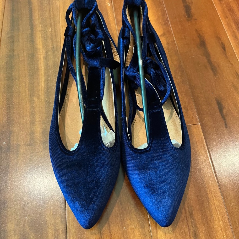 Navy Velvet Ballet Flat Lace Up Pointed Toe Strappy T Yoki Urban-80 New Size 8